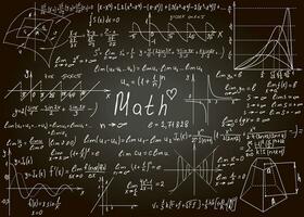 Mathematical white formulas drawn by hand on the black chalkboard for the background. Vector illustration.