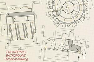 mecánico Ingenieria dibujos en beige técnico papel antecedentes. corte herramientas, molienda cortador. industrial diseño. cubrir. Plano. negocio negocio. vector ilustración.