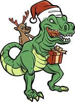 dinosaurio y reno alegre Navidad con regalo vector