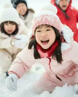 grupo de niños jugando teniendo divertido en el nieve. generativo ai foto