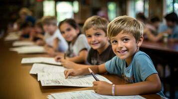 Two boys in a classroom, both with wide smiles, holding pencils and working on an assignment.. Generative AI photo