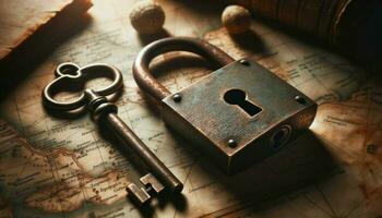 un antiguo oxidado bloquear y un llave en un Clásico mapa, simbolizando el llave a uno corazón.. generativo ai foto