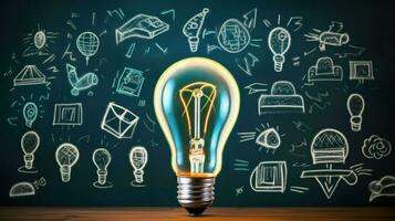 Light bulb symbol representing a bright idea in front of a blue board. Generative AI photo