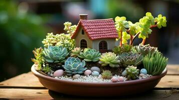 Miniature house figure inside succulents. Generative AI photo