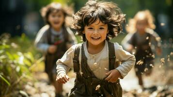 Group of children playing and running in an open field.. Generative AI photo