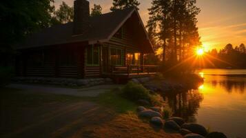 A large wooden cabin surrounded by trees during golden hour.. Generative AI photo