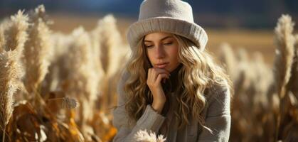 Blonde woman in beige sweater poses in the field.. Generative AI photo