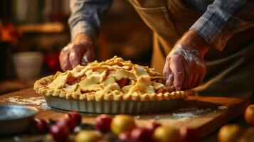 AI Generative. Close-up of the hands of an elderly man who is preparing a homemade pie. photo