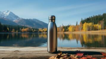 AI generative. Metal thermos on the background of autumn lake and mountain landscape. photo