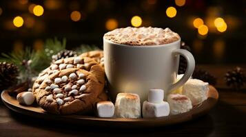 AI generative. Hot chocolate with marshmallows and cookies on a Christmas background photo