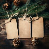 AI generative. Blank paper price tag with christmas decoration on rustic wooden background photo
