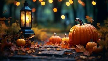 AI Generative. Thanksgiving background with pumpkins and autumn leaves on wooden planks photo