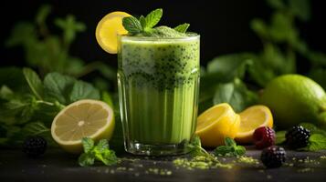 AI generative. Healthy green smoothie with kale, kiwi, apple and broccoli on wooden background photo