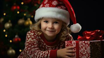 ai generativo. linda pequeño niña en Papa Noel sombrero con regalo caja en Navidad antecedentes foto