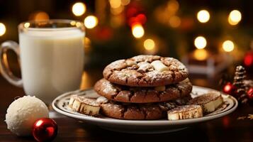 ai generativo. taza de Leche y galletas en de madera mesa con Navidad decoración foto