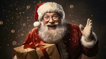 ai generativo. Navidad, Días festivos y personas concepto - hombre en disfraz de Papa Noel claus terminado oscuro antecedentes foto