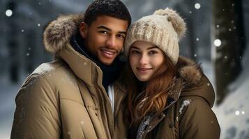 AI generative. Portrait of a young couple in winter clothing photo