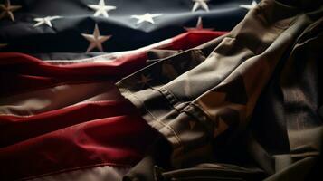 AI generative. Closeup of crumpled American flag with military uniform on dark background with copy space photo