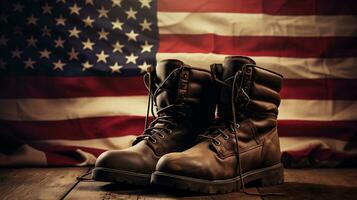 AI generative. Pair of leather boots on a wooden table against the background of the American flag photo