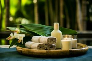 Spa setting near pool on bamboo skincare. Generate Ai photo