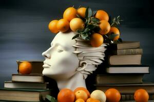 Sculpture head on books with oranges. Generate AI photo