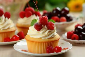 Tasty cupcakes with fruits on table. Generate Ai photo