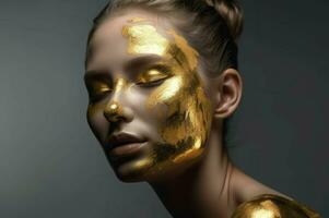 Lady with gold painted face skin. Generate ai photo