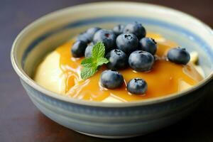 Smooth Caramel pudding blueberry. Generate Ai photo