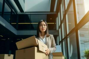 Asian girl employee with boxes. Generate Ai photo