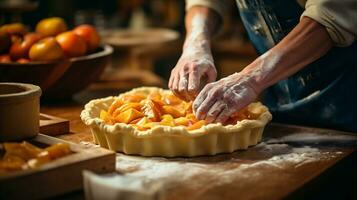 AI Generative. Close-up of male hands making apricot pie photo