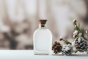 AI generative. Perfume bottle with pine cones on the background of winter forest photo