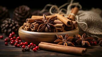 AI generative. Cinnamon sticks, star anise and cranberries on wooden background photo