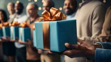 AI generative. Cropped image of African-American man giving blue gift box to his friends photo