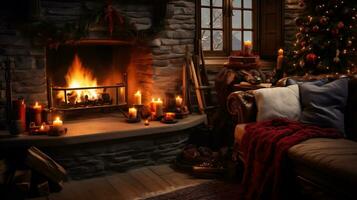 AI generative. Christmas interior with fireplace and christmas tree. photo