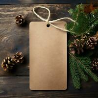 AI generative. Blank paper price tag with christmas decoration on rustic wooden background photo