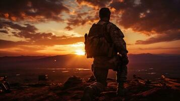 ai generativo. silueta de un soldado con un rifle en el montañas a puesta de sol. foto