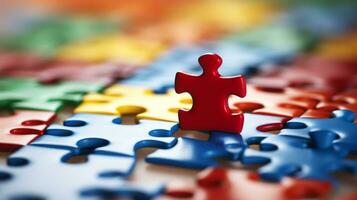 AI generative. Colorful jigsaw puzzle pieces, close-up. Teamwork concept photo