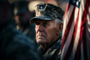 AI generative. Unidentified soldier in military uniform on Victory Day parade. photo