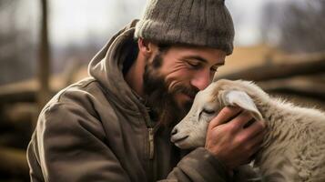 AI generative. A young man with a beard and a sheep in his arms. photo