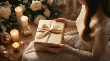 ai generativo. hermosa mujer participación un regalo caja en su manos. el concepto de dando regalos para un amado uno. foto
