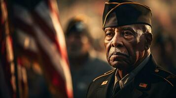 AI generative. Portrait of an elderly man on the background of the american flag photo