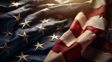 AI generative. Closeup of rippled American flag, shallow depth of field photo