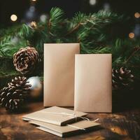 ai generativo. blanco saludo tarjetas en de madera mesa con Navidad árbol y luces foto