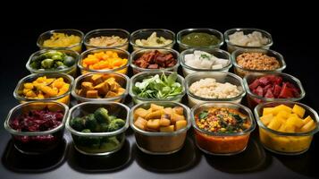 AI Generative. Healthy eating concept with different meals in bowls on a black background photo