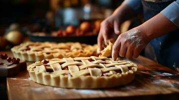 AI Generative. Close-up of the hands of an elderly man who is preparing a homemade pie. photo