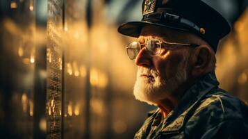 AI generative. Portrait of an old man in a military cap and glasses. photo