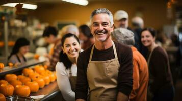 AI Generative. Portrait of smiling salesman standing in thanksgiving market with customers photo