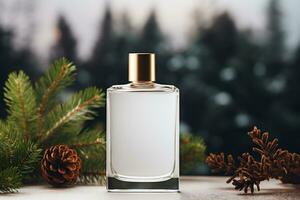 AI generative. Perfume bottle with pine cones on the background of winter forest photo