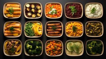 AI Generative. Healthy eating concept with different meals in bowls on a black background photo