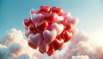 un racimo de rojo y rosado globos conformado me gusta corazones flotante en contra un claro azul cielo.. generativo ai foto